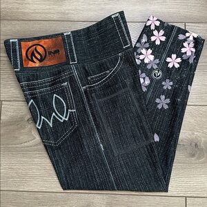INKnBURN Black Denim Capri Performance Leggings Pink Floral Size 4